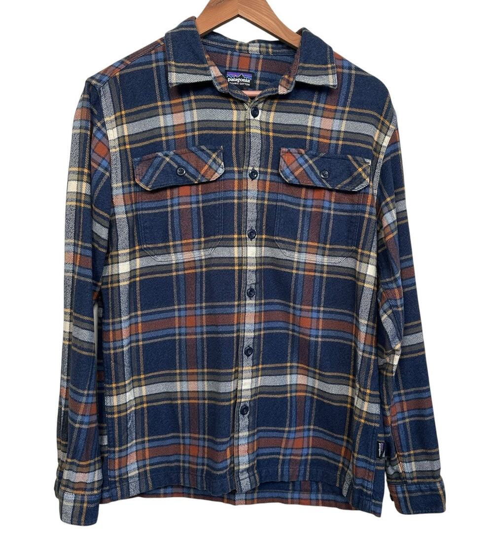 Patagonia Fjord Organic Cotton Plaid Flannel Shirt Blue Orange Yellow Small